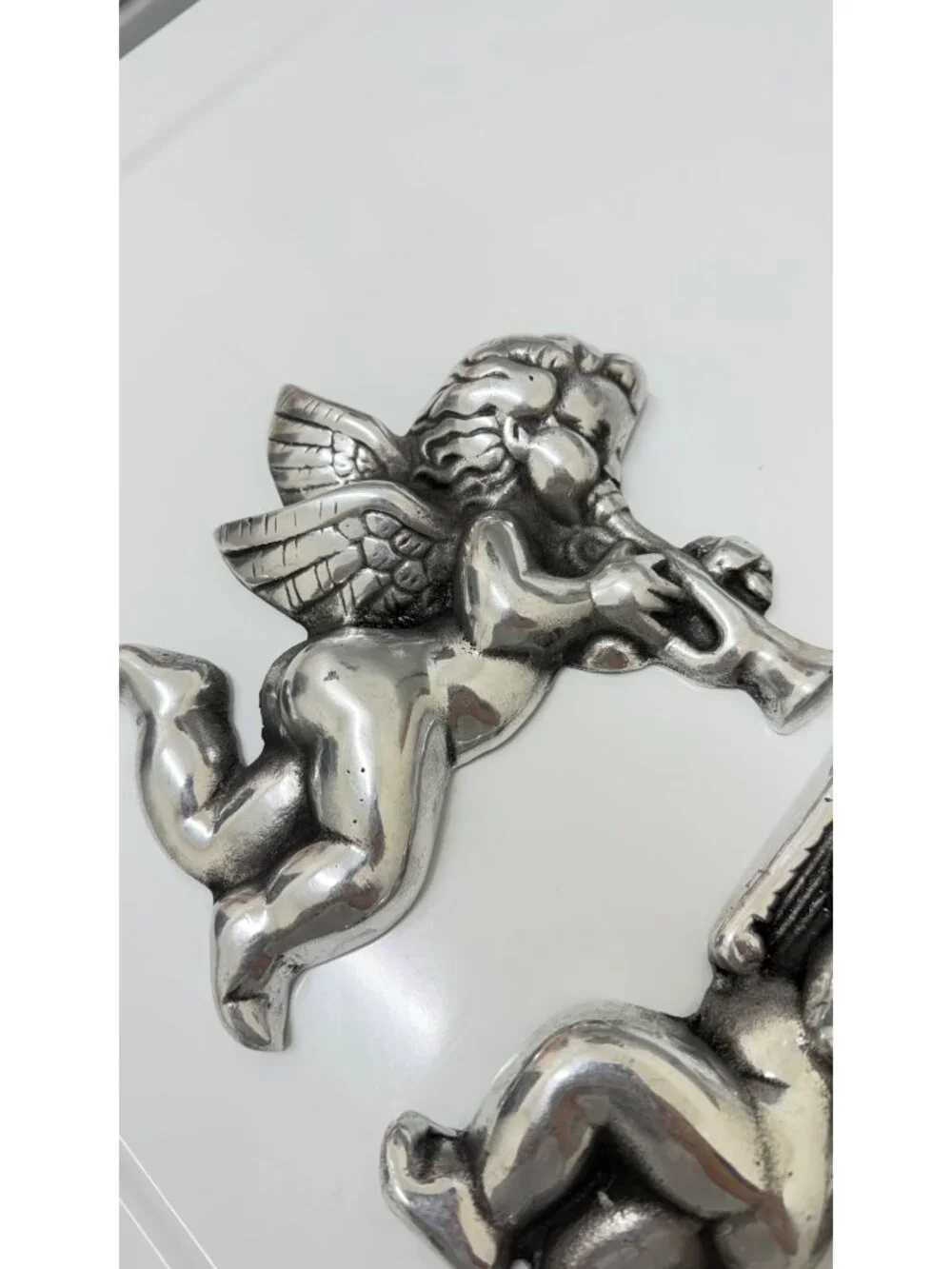 Vintage-Style Metallic Cherub Figurines – Trumpet & Harp – 7” x 4” Decorative An